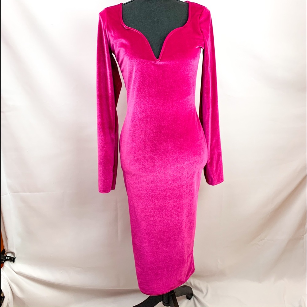 NWT Hot Pink Velvet Plunge Midi Dress
